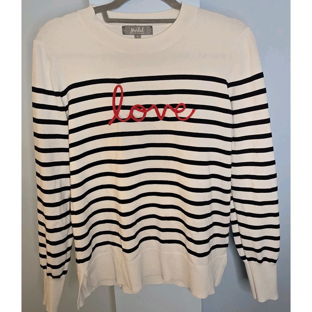 Marled Reunited Clothing White‎ Blue Strip Sweater Love Letters Medium Nautical